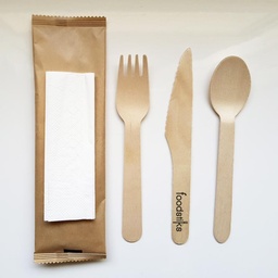 [007037-38] *SPECIAL ORDER ITEM* Wooden Cutlery Kit, 4pc Set, Fork Knife Spoon & White Napkin, Length: 6.25", Material: Birch Wood, Color: Natural, Compostable, 200/cs *ESTIMATED DELIVERY 2 TO 3 WEEKS* (NOT RETURNABLE)