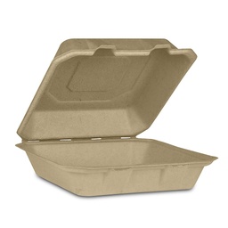 [004177-47] Take-Out Container, Hinged, 9"x9", Compostable, Kosher Certified, Chlorine-free Natural Sugarcane, Kraft, 200/cs, Made in USA