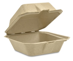 [010175.150-54] Take-Out Container, Hinged, 6"x6", Compostable, Kosher Certified, Chlorine-Free Natural Sugarcane, Kraft, 400/cs, Made in USA