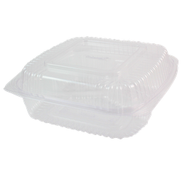 [004096-01] 1 Compartment Container, Hinged Clamshell, 8"x8"x3", Clear, Material: PLA, Compostable, 250/cs